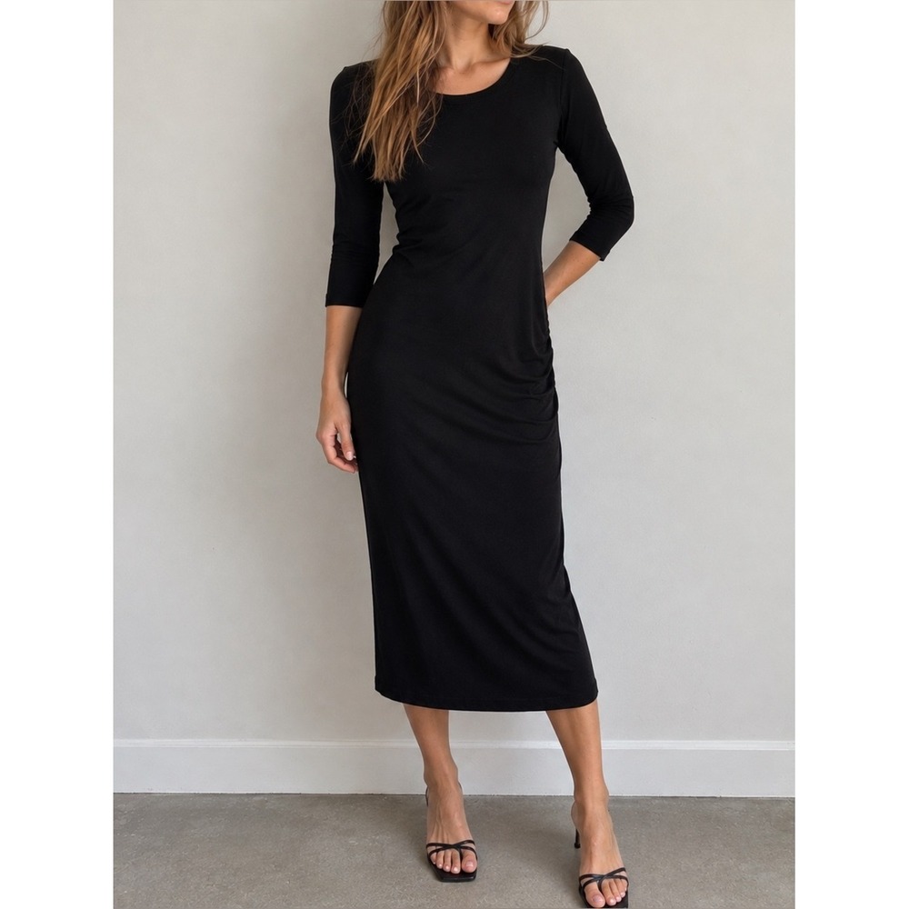 Shape FX Black Ruched Bodycon Midi Dress Size 4 Dark Feminine Minimalist